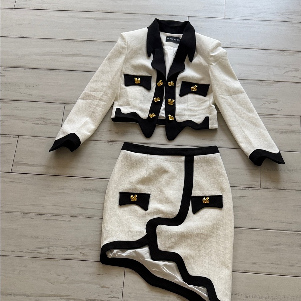 Chic White and Black Skirt Set with Gold Accents